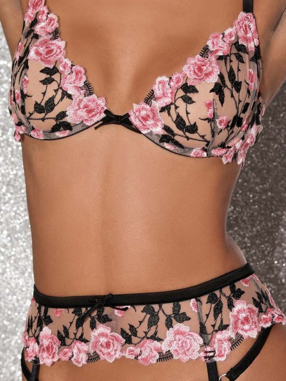 Fleur du Mal Pink Silk Floral Embroidered Lace Bra Black Sheer Romantic Lingerie